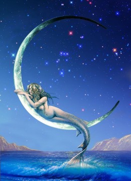  Original Art - mermaid in silver moon nude original